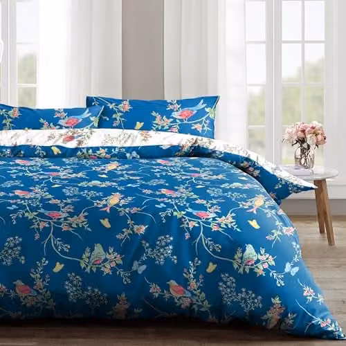 Velosso Reversible Floral Birds Printed Cotton Rich Duvet Cover and Pillowcase Set in Blue, W/D/H: 220 x 200 x 50 x 75 cm