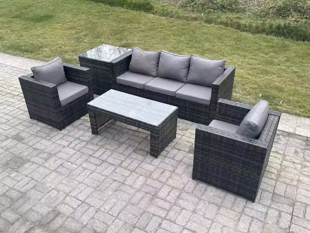 Fimous Lounge Rattan Sofa Set with Oblong Rectangular Coffee Table in Dark Grey – 1