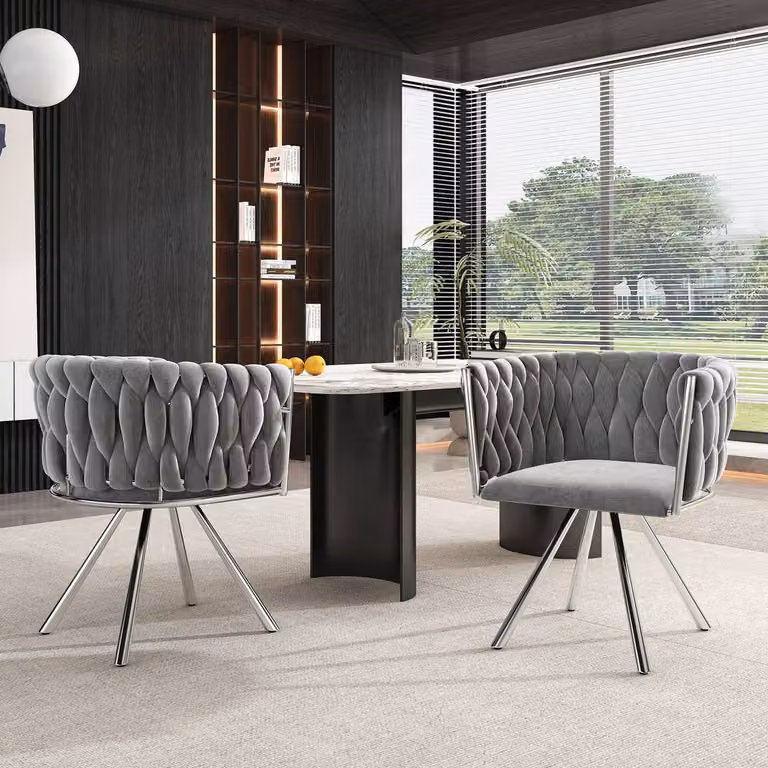 Rolipo Set of 2 Grey Silver Velvet Swivel Dining Chairs with Metal Legs