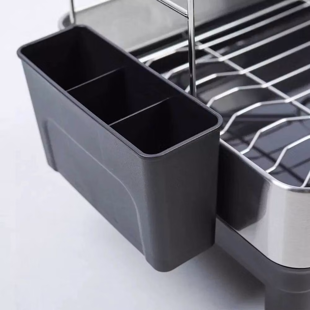 VOGREX 2-Tier Stainless Steel Dish Drying Rack with Drip Tray and Utensil Holder in Silver – 3