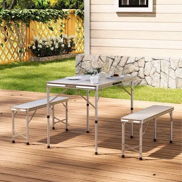 Livingandhome Portable Foldable Camping Table and Benches Set in Silver