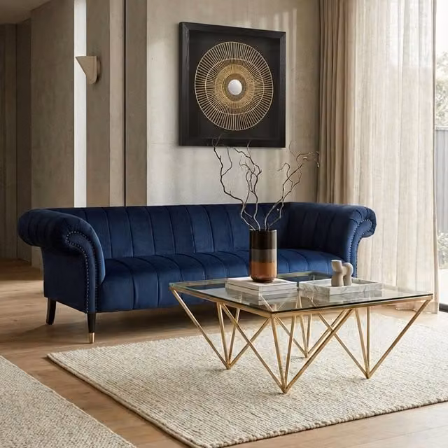 Orsina Modern Square Glass Coffee Table with Gold Metal Spike Legs, W/D/H: 80 x 50 x 42 cm