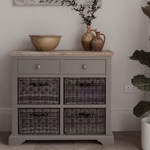 Florence Sideboard with Storage Baskets and Drawers in Dove Grey, Acacia Wood and Metal, W/D/H: 120 x 42 x 85 cm