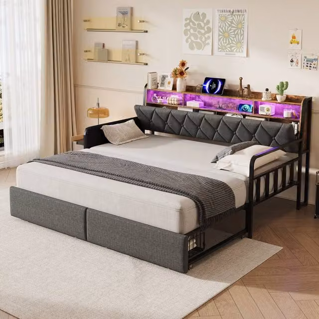 Merax Grey Fabric Single Daybed with Pull-out Trundle, LED Lighting, USB Charging Port and Bedside Shelf, W/D/H: 90 x 190 cm