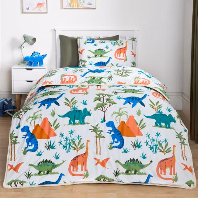 OHS Dino Print Reversible Coverless 10.5 Tog Childrens Duvet Set in Green and Multicolour