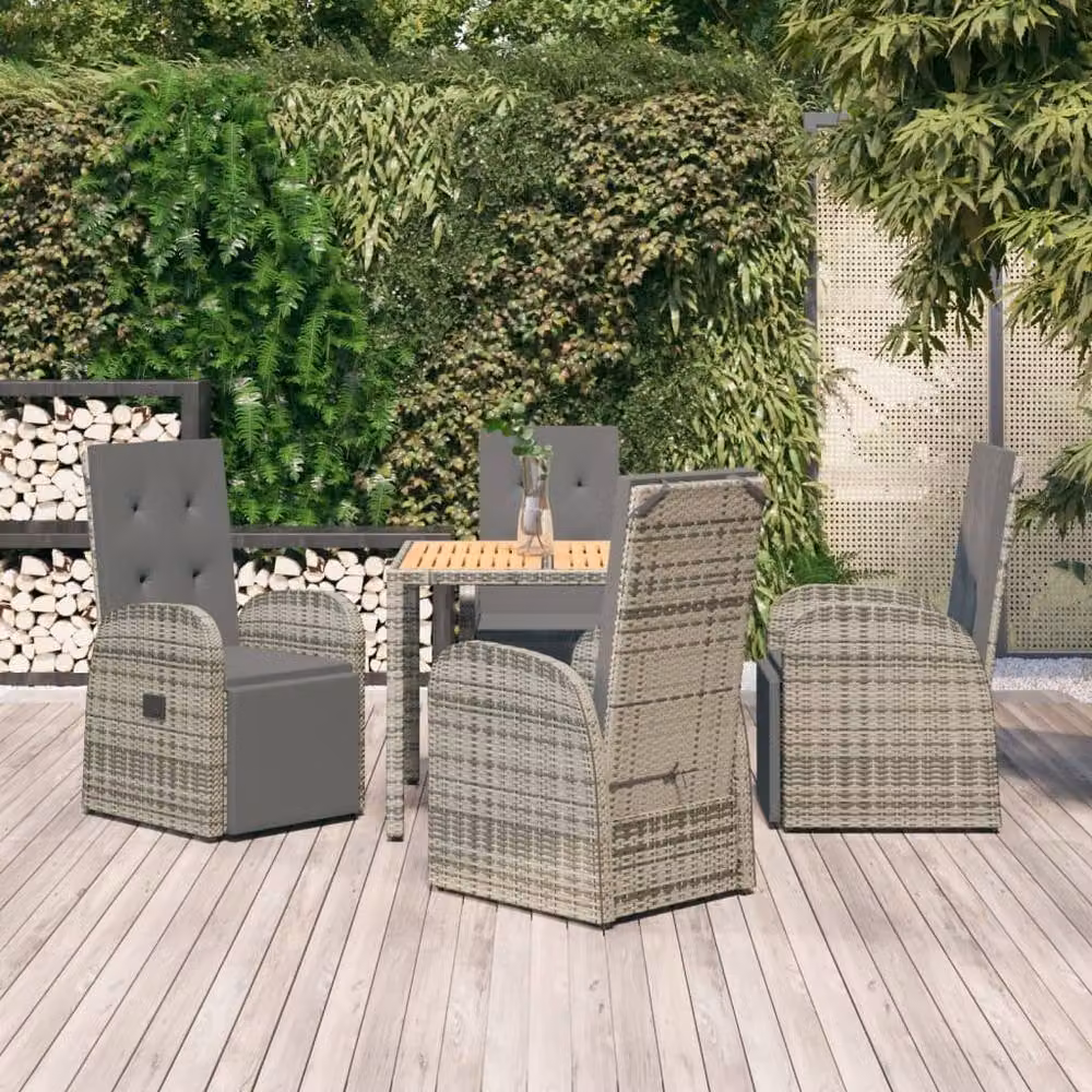 Berkfield Home 5 Piece Grey Poly Rattan and Acacia Wood Garden Dining Set – 2