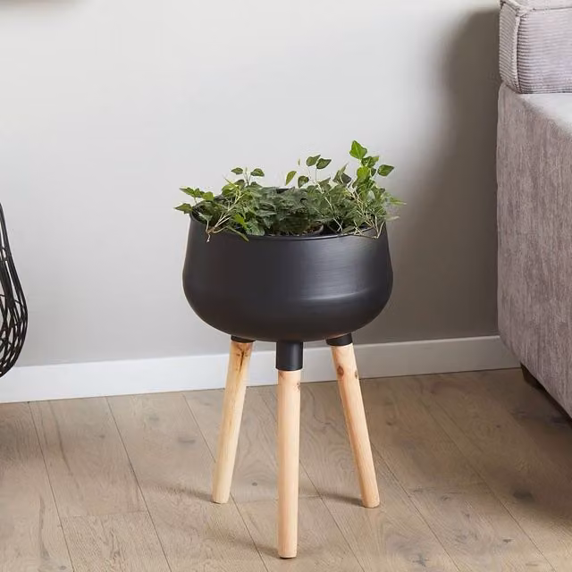 Wyld and Coco Black Plant Stand with Pine Wood Legs, W/D/H: 30 x 30 x 47 cm