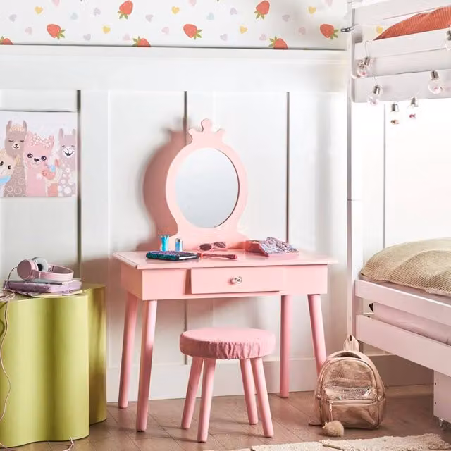 Wyld and Coco Pink Kids Dressing Table with Mirror, Stool and 1 Drawer – 1