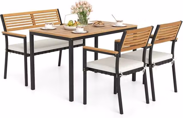Gymax 4-Piece Modern Outdoor Patio Dining Set with White Metal and Oiled Acacia Wood