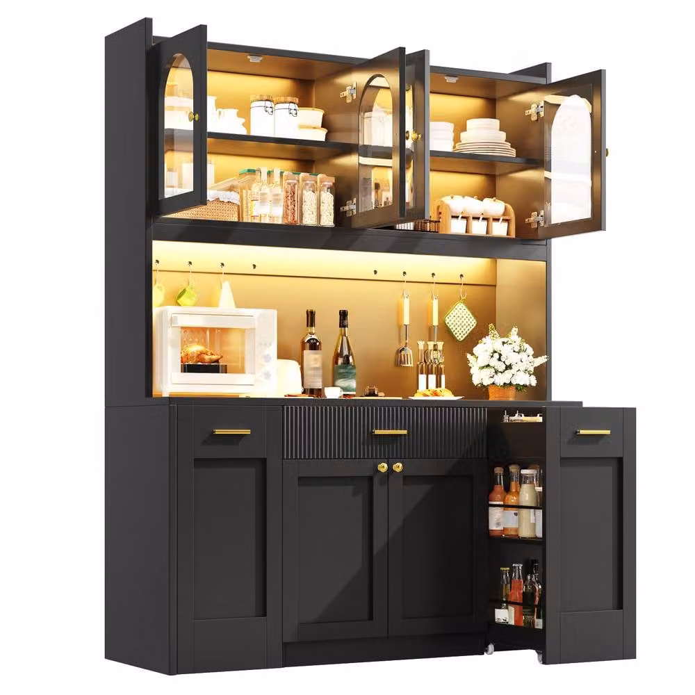 Merax Modern Black Arched Kitchen Dresser with Integrated Lighting and Glass Doors, W/D/H: 120 x 40 x 187 cm – 3
