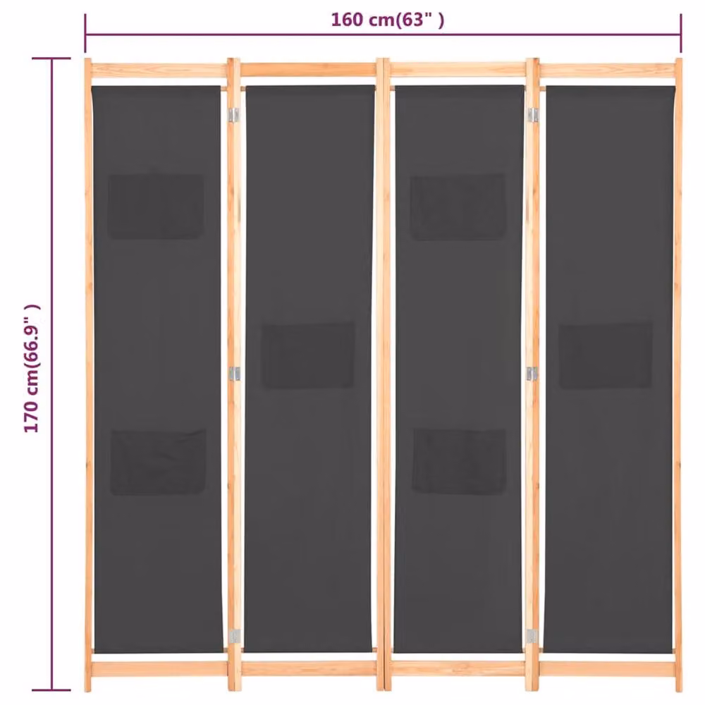 Berkfield Home 4-Panel Grey Fabric Room Divider, W/D/H: 160 x 4 x 170 cm – 5