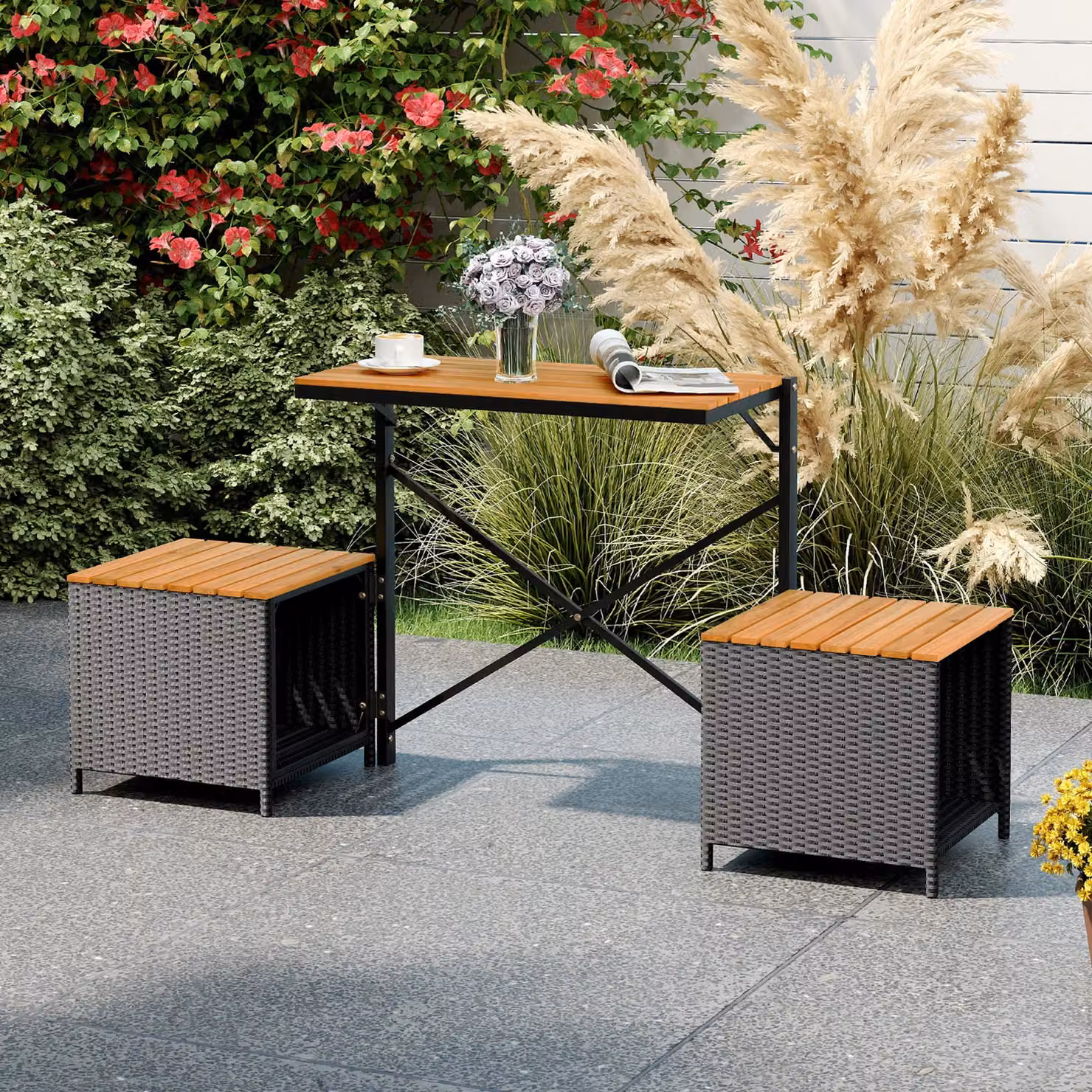 Costway Brown Acacia Wood and Metal Patio Furniture Set with Raised Garden Bed Table and Built-in Chairs – 8