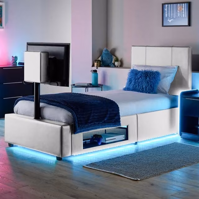 XR Living Ava Upholstered Single TV Bed with LED Lighting in White (90 x 190 cm)