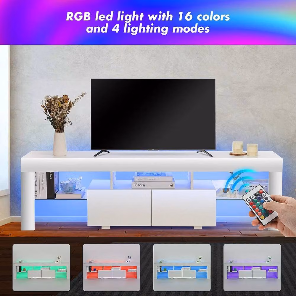 SPETLEK White High Gloss Modern TV Stand Cabinet Unit with Integrated Lighting – 2