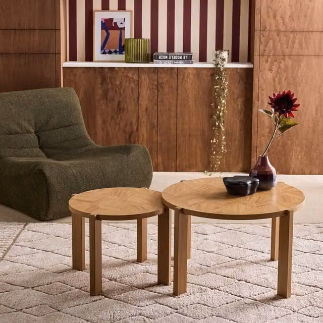 Sweekeet Set of 2 Vintage Nesting Tables with Round Brown Chevron Effect Tops
