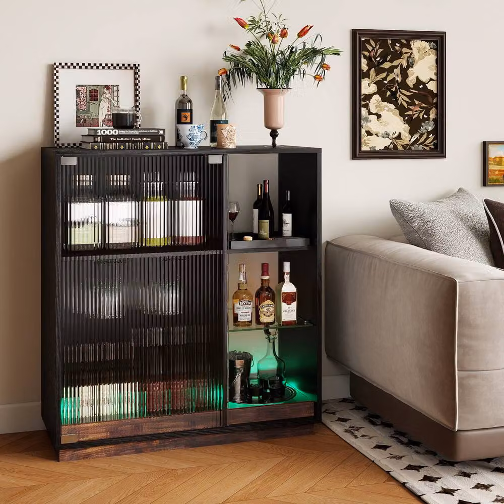 Costway Modern Wine Bar Cabinet with Integrated LED Lights and Glass Doors in Black – 3