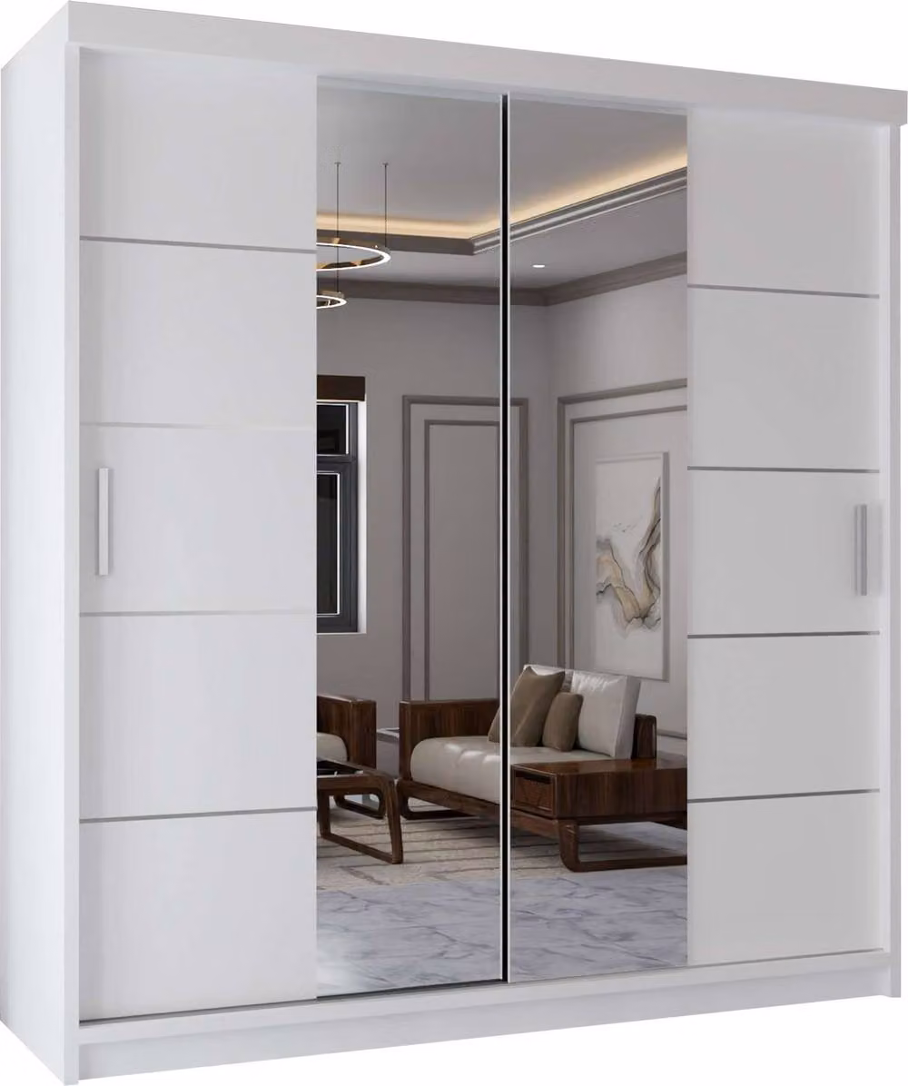 MN Furniture Modern White and Silver Wardrobe with Sliding Mirror Doors and Integrated LED Lighting, W: 150 cm, H: 217 cm – 2