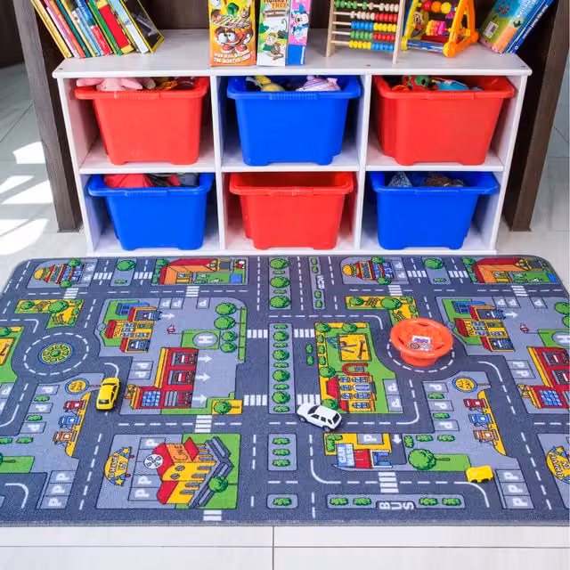 The Rug House Kids Interactive Roads Play Mat Soft Bedroom Rug, Grey and Multicolour, W: 200 cm, D: 140 cm