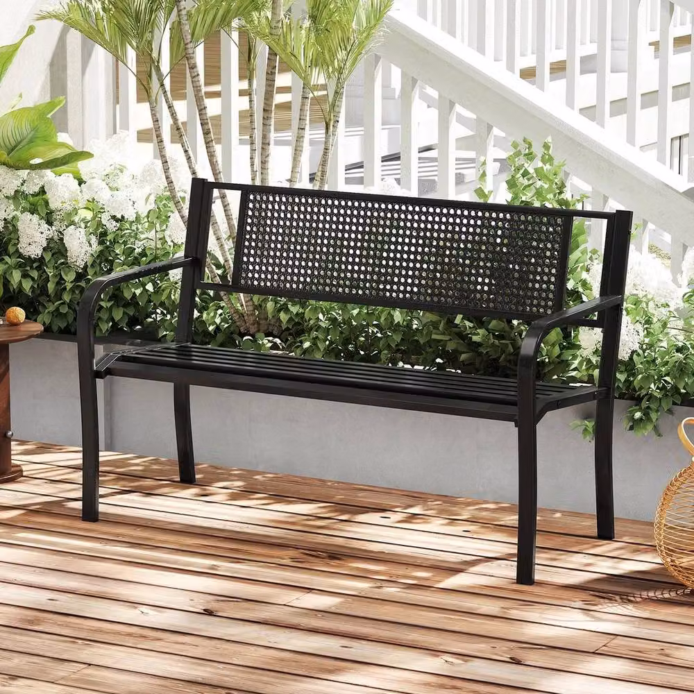 VOGREX Black Modern Geometric Metal Garden Bench, Width: 127 cm – 3