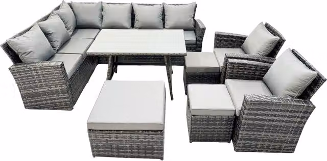 Fimous 11 Seat Rattan High Back Corner Sofa and Patio Dining Table Set in Dark Grey