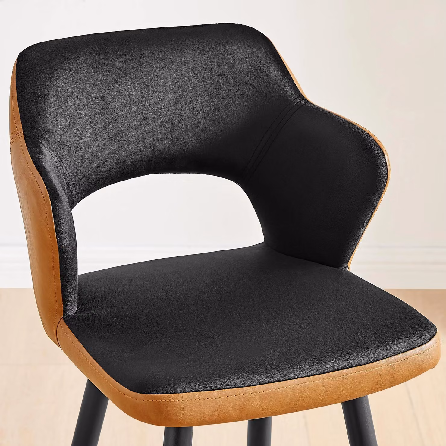 FurnitureboxUK Kai Set of 2 Black Velvet and Tan Faux Leather Counter Stools with Black Legs – 2
