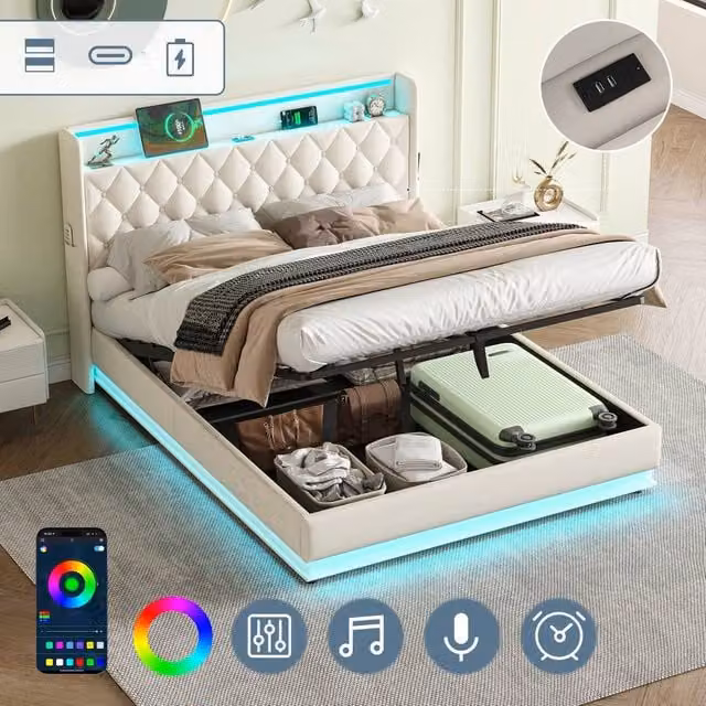 Matteo King Upholstered Ottoman Bed Frame in Beige with Hydraulic Storage, LED Lighting and USB Charging Port, W/D/H: 180 x 200 cm – 1