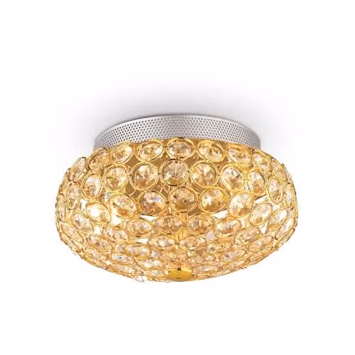 Netlighting King 3 Light Small Ceiling Flush Light in Gold/Brass with Crystal and Glass Details, G9