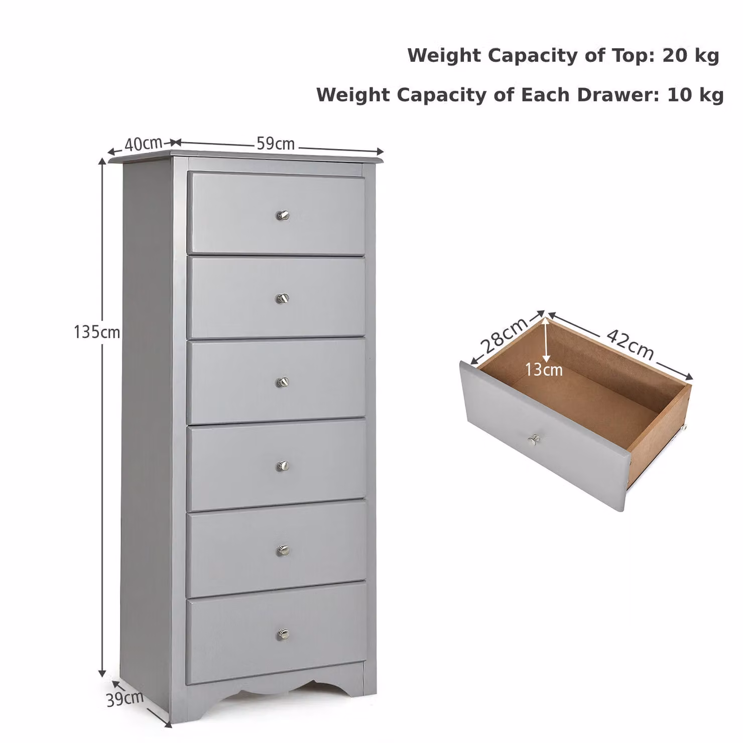 Costway 6-Drawer Freestanding Wooden Chest of Drawers with Metal Handles in Grey – 2