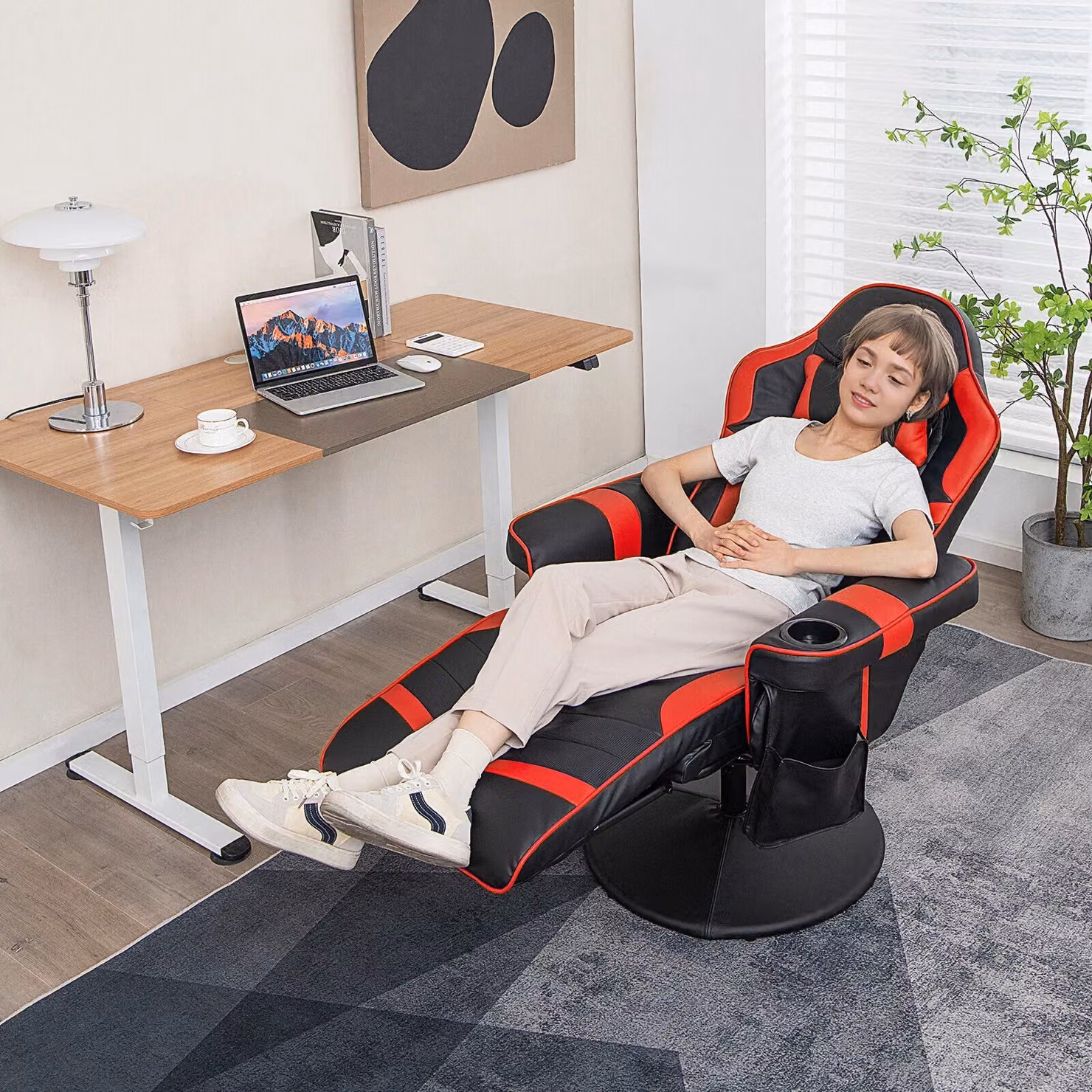 Gymax Red Massage Swivel Gaming Recliner Chair with Adjustable Height and Armrests – 4