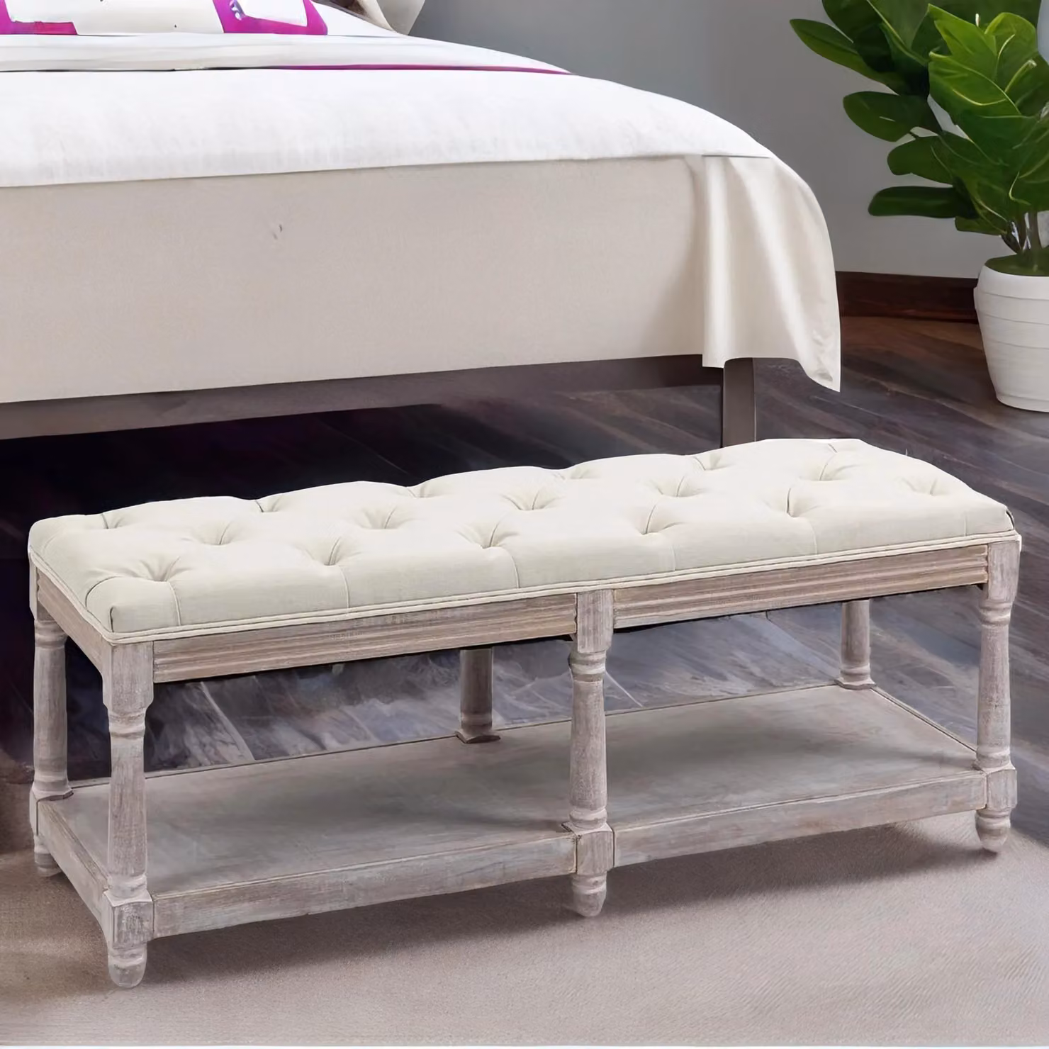 Rafaelo Mobilia Upholstered Wooden Bench Seat with Shoe Rack Shelf in Cream White and Light Brown, W/D/H: 120 x 40 x 48 cm – 2