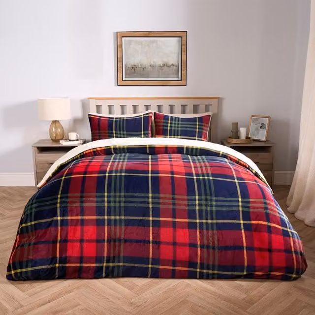 OHS Red Oxford Check Sherpa Duvet Set, 140 x 200 cm