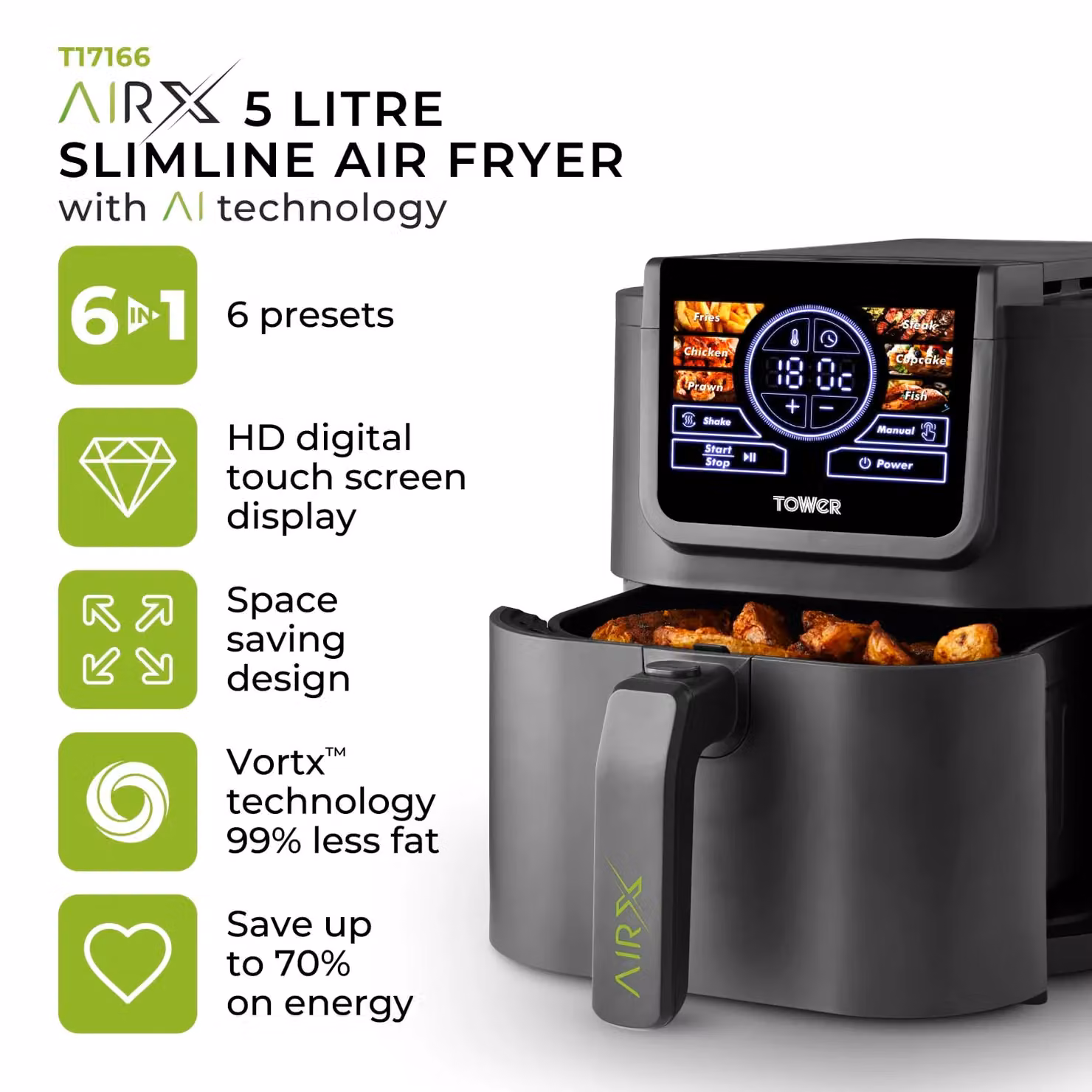 Tower T17166 AIRX 5L Digital Single Basket Air Fryer with A.I. and Vortex Technology, 1500W, Grey – 3