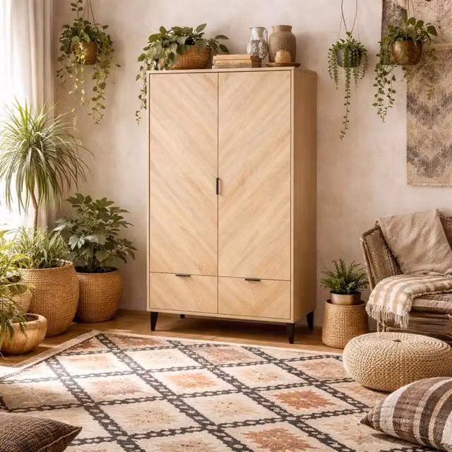 Wyld Haus Chevron 2 Door Wardrobe with 2 Drawers in Natural Oak