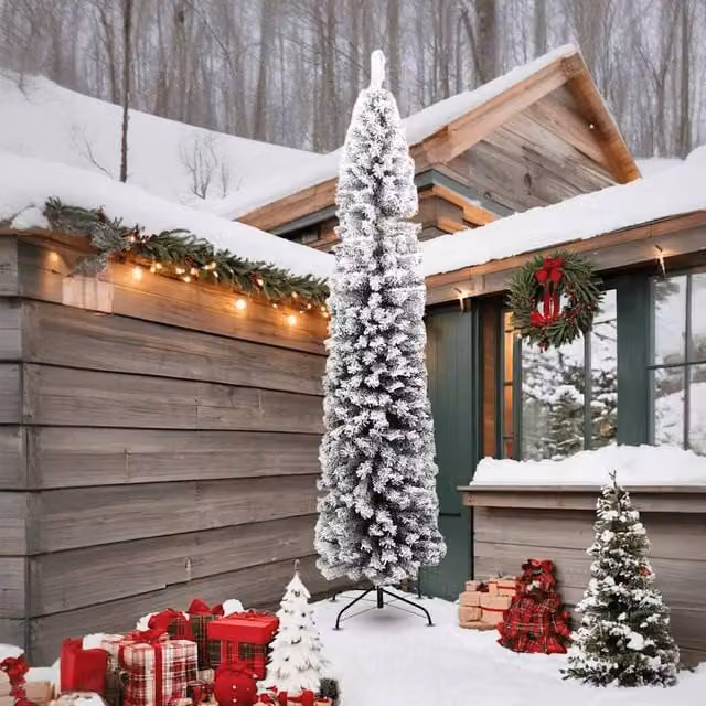 Berkfield Home Slim Flocked Snow Artificial Christmas Tree in Green and White, Height: 240 cm – 1
