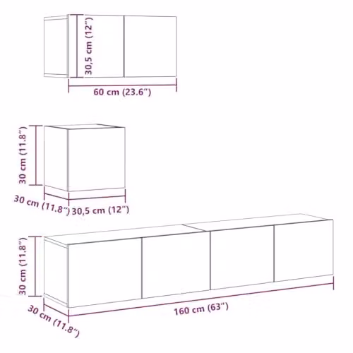 vidaXL 4 Piece Modern TV Cabinet Set in Brown Engineered Wood with Wall Cabinets and Lowboard – 3