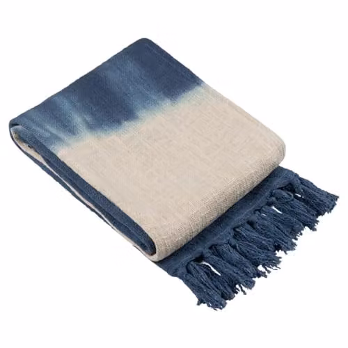 Mizu Blue Cotton Dip Dye Fringed Reversible Double Face Throw, W: 130 cm, D: 170 cm – 1