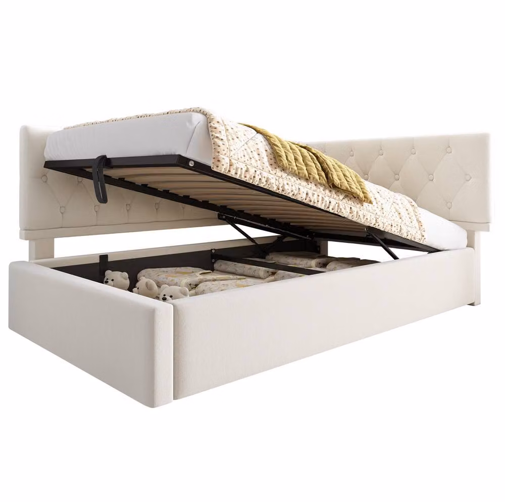STILVORA Single Upholstered Bed with Lift-Up Storage in Beige, W/D/H: 90 x 190 cm – 2