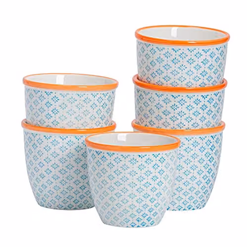 Nicola Spring Hand Printed Floral Ceramic Plant Pots in Blue and Orange, Pack of 6, W/D/H: 14 x 14 x 12.5 cm – 1