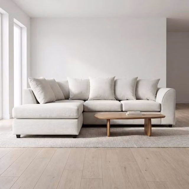 Abakus Direct Harriet Relaxed Linen Left Facing Corner Sofa with Chaise and Scatter Cushions in Cream – 1
