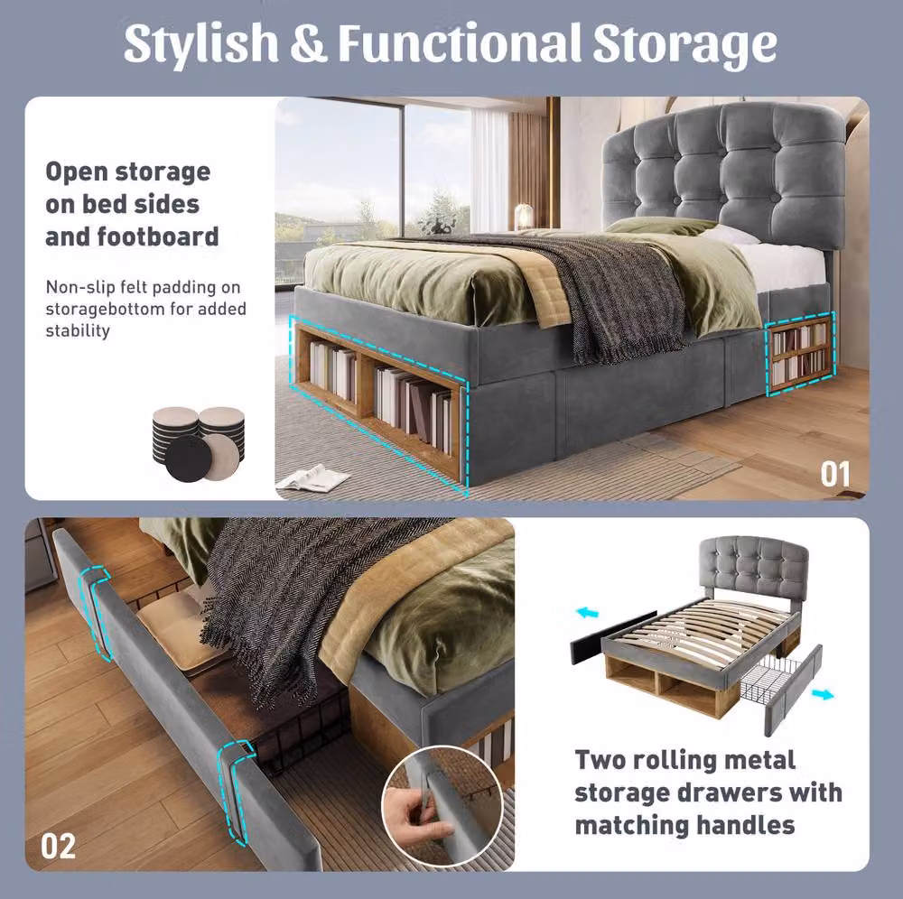 STILVORA Single Upholstered Bed with Storage Drawers and Adjustable Headboard in Grey, W/D/H: 90 x 190 cm – 6