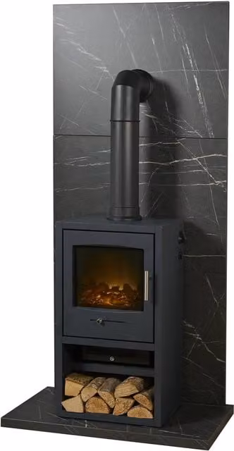 Acantha Fires & Fireplaces Black Marble Effect Tile Hearth Set with Bergen XL and Tall Angled Pipe