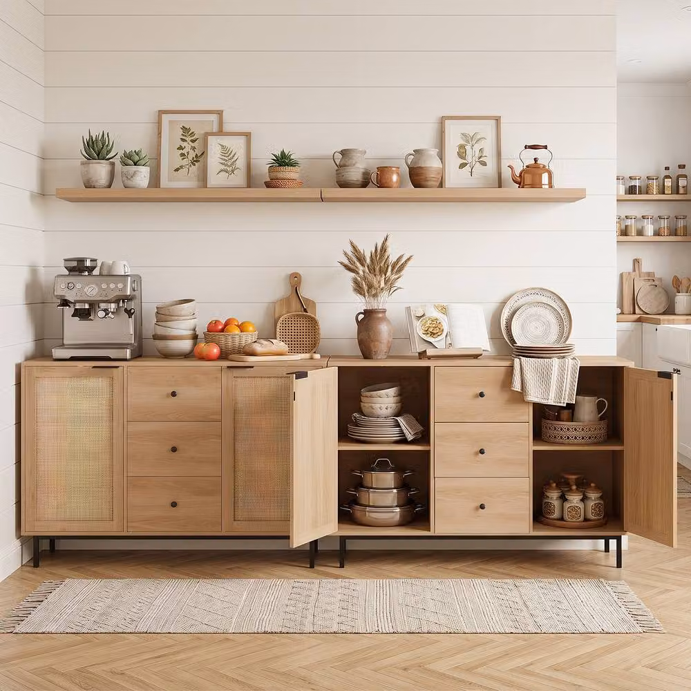 Costway Modern Sideboard Buffet Cabinet and Coffee Bar Table with 2 Doors and 3 Drawers in Natural Sand and Brown with Rattan Details, Width: 120 cm – 2