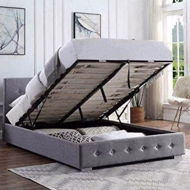 Home Treats Grey Fabric Storage Ottoman Bed Frame with Hybrid Mattress, W/D/H: 120 x 200 cm