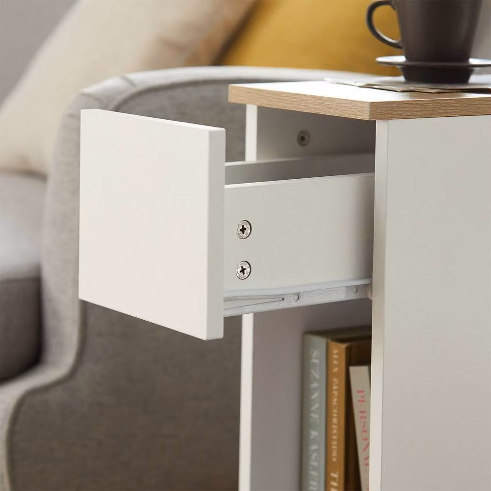 SoBuy Set of 2 Modern Slim Bedside Tables with Open Shelf and Drawer, White, W/D/H: 35 x 20 x 60 cm – 7