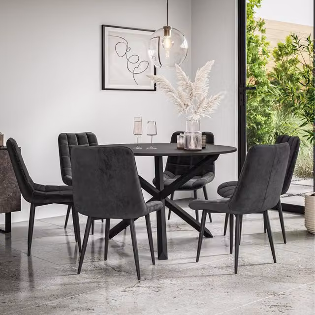 More4Homes Malvern Round Black Dining Table Set with 6 Nova Velvet Chairs and Black Oak Legs