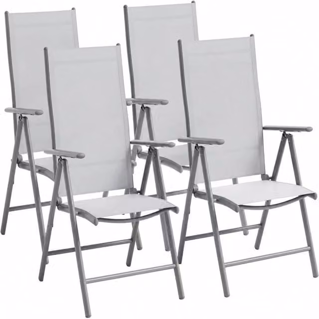 London Boutique Set of 4 Grey Reclining Folding Patio Sun Loungers with 8-Position Adjustment and Armrests