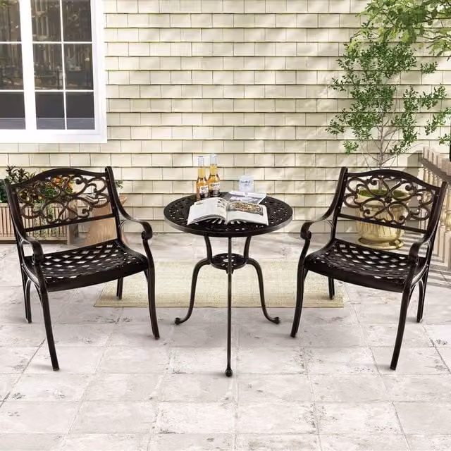 Costway Set of 2 Bronze Powder Coated Aluminium Patio Bistro Armchairs with Armrests