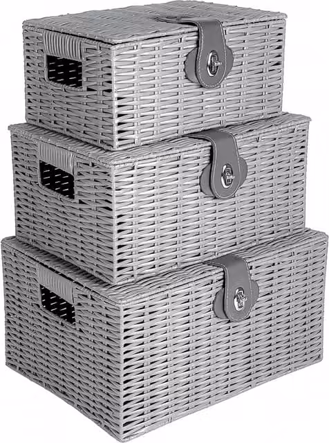 Innoteck Set of 3 Grey Resin Wicker Storage Baskets with Lids and Handles