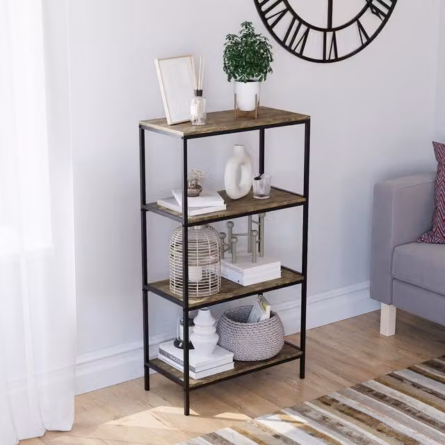 Vida Designs Brooklyn 4 Tier Industrial Bookcase in Black, Grey and Brown