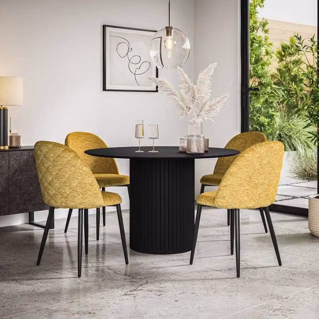 More4Homes Arlo Black Round Dining Table and Raye Mustard Velvet Dining Chairs Set of 4, W/D/H: 120 x 120 x 75 cm